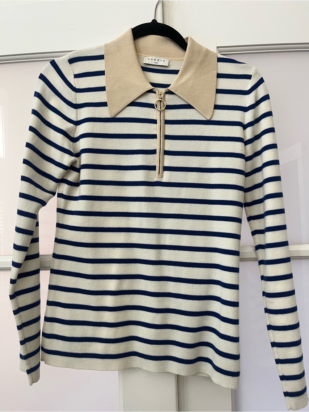 Sandro Cream & Navy Striped Zip Polo Sweater with Tan Collar